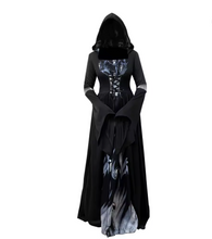 Load image into Gallery viewer, Black Witch Dress with Bell Sleeves and Fitted Waist
