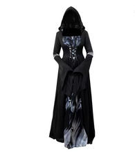 Load image into Gallery viewer, Black Witch Dress with Bell Sleeves and Fitted Waist
