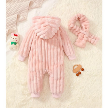 Load image into Gallery viewer, Baby Girl Bodysuit with Scarf Set, 2-Piece Long Sleeve Jumpsuit with Cute Bear Print, Cozy Winter Pajamas
