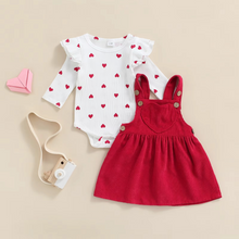 Load image into Gallery viewer, Baby Girl Heart Print Suspender Skirt and Long Sleeve Romper Set
