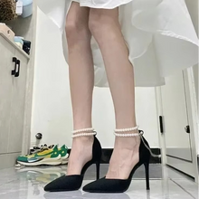 Load image into Gallery viewer, Elegant Black Stiletto Pumps with Pearl Anklet

