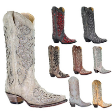 Load image into Gallery viewer, Sequined Retro Pointed Toe Embroidered Long Boots with Color-Block Thick Heel
