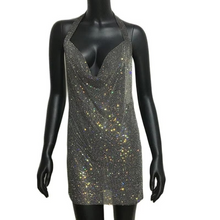 Load image into Gallery viewer, Luxury Crystal Rhinestone Sequin Mini Dress for Women Backless Halter Slit Metal Mesh Cocktail and Evening Dress
