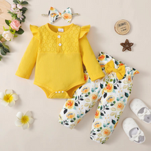 Load image into Gallery viewer, Baby Girl 3 Piece Outfit Set, Long Sleeve Romper, Floral Pants, and Matching Headband for Spring and Fall
