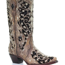 Load image into Gallery viewer, Sequined Retro Pointed Toe Embroidered Long Boots with Color-Block Thick Heel
