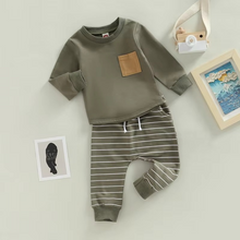 Load image into Gallery viewer, Toddler Boys 2-Piece Autumn Outfit, Long Sleeve Pullover Top with Pocket and Striped Pants
