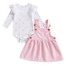 Load image into Gallery viewer, Baby Girl Heart Print Suspender Skirt and Long Sleeve Romper Set
