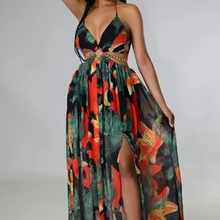 Load image into Gallery viewer, Elegant Floral V-Neck Maxi Dress with Backless Design and Side Slit

