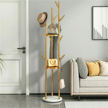 Load image into Gallery viewer, Marble Metal Coat Rack Freestanding Hall Tree with 3 Storage Shelves and 9 Hooks
