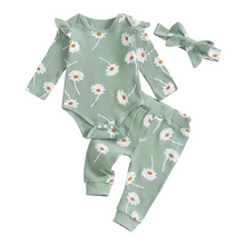 Load image into Gallery viewer, Baby Girls Daisy Print 3 Piece Outfit with Long Sleeve Romper Pants and Headband
