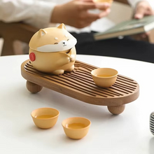 Load image into Gallery viewer, Portable Ceramic Travel Tea Set with Shiba Inu Design
