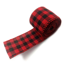 Load image into Gallery viewer, Christmas Plaid Linen Craft Ribbon, Red and Green Snowflake Design, 6.5 Yard Roll
