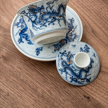 Load image into Gallery viewer, Blue and White Chinese Dragon Ceramic Gaiwan Tea Set
