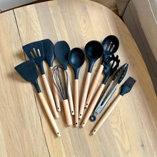 Load image into Gallery viewer, Silicone Cooking Utensil Set, BPA Free with Wooden Handles
