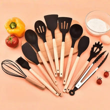 Load image into Gallery viewer, Silicone Cooking Utensil Set, BPA Free with Wooden Handles
