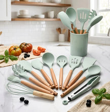 Load image into Gallery viewer, Silicone Cooking Utensil Set, BPA Free with Wooden Handles
