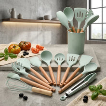 Load image into Gallery viewer, Silicone Cooking Utensil Set, BPA Free with Wooden Handles
