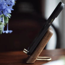 Load image into Gallery viewer, Minimalist Walnut Phone Stand with Brass Support

