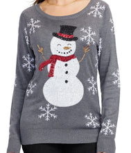 Load image into Gallery viewer, Womens Gray Sequin Snowman Christmas Sweater with Sparkling Snowflake Sleeves
