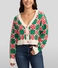 Load image into Gallery viewer, Womens Mint Green Checkered Cropped Cardigan Sweater with Retro Holiday Style
