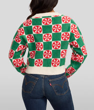 Load image into Gallery viewer, Womens Mint Green Checkered Cropped Cardigan Sweater with Retro Holiday Style
