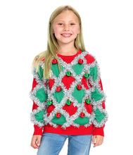 Load image into Gallery viewer, Girls Red and Green Tinsel Christmas Sweater with Sparkling Holiday Trim

