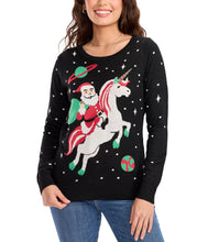 Load image into Gallery viewer, Womens Black Christmas Sweater with Santa Riding a Unicorn Design
