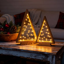 Load image into Gallery viewer, Timber Triangle Trees Set of Two in a Wooden Finish with Golden Fairy Lights at 14 and 10 Inches Tall
