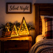 Load image into Gallery viewer, Timber Triangle Trees Set of Two in a Wooden Finish with Golden Fairy Lights at 14 and 10 Inches Tall
