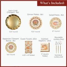 Load image into Gallery viewer, The Turkey &amp; Gourds Table Setting by Sophistiplate features a complete Thanksgiving-themed party-in-a-box, including decorative paper plates, gold chargers, dinner and salad plates, dessert bowls, guest towels, cocktail napkins, and reusable cutlery—all adorned with charming pumpkin and autumn leaf designs—making it the perfect choice for any holiday gathering.
