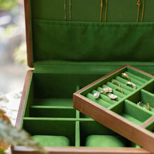 Load image into Gallery viewer, Solid Walnut Double Layer Jewelry Box with Green Suede Lining
