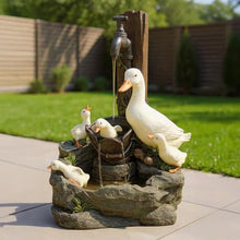 Load image into Gallery viewer, Solar Garden Fountain with Duck and Squirrel Figurine, LED Light, Weather‑Resistant Resin for Patio and Balcony
