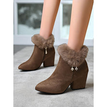 Load image into Gallery viewer, Womens Block Heel Ankle Boots with a Plush Collar, Pointed Toe and Side Zip in Brown or Black
