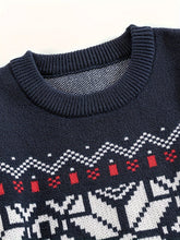 Load image into Gallery viewer, Mens Nordic Snowflake Knit Sweater with Ribbed Cuffs and Hem and a Round Neck in Navy
