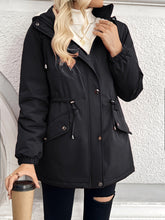 Load image into Gallery viewer, Womens Hooded Jacket with a Plush Lining, Front Zip and Snap Closure and Roomy Pockets in Black
