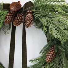 Load image into Gallery viewer, 24" Holiday Heart Pine Wreath with Green Ribbon - Interior Delights
