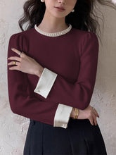 Load image into Gallery viewer, Womens Slim Fit Knit Sweater with Pearl Trim Collar and Contrast Cuffs

