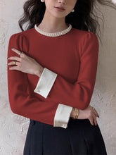 Load image into Gallery viewer, Womens Slim Fit Knit Sweater with Pearl Trim Collar and Contrast Cuffs
