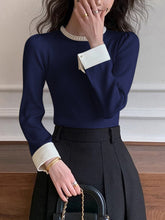 Load image into Gallery viewer, Womens Slim Fit Knit Sweater with Pearl Trim Collar and Contrast Cuffs
