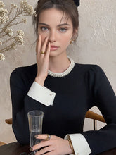 Load image into Gallery viewer, Womens Slim Fit Knit Sweater with Pearl Trim Collar and Contrast Cuffs
