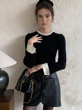 Load image into Gallery viewer, Womens Slim Fit Knit Sweater with Pearl Trim Collar and Contrast Cuffs
