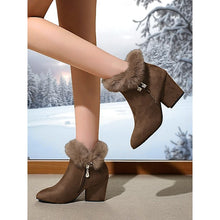 Load image into Gallery viewer, Womens Block Heel Ankle Boots with a Plush Collar, Pointed Toe and Side Zip in Brown or Black
