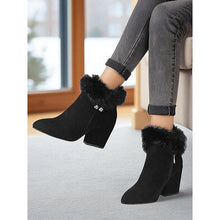Load image into Gallery viewer, Womens Block Heel Ankle Boots with a Plush Collar, Pointed Toe and Side Zip in Brown or Black
