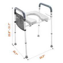 Load image into Gallery viewer, Adjustable Height Raised Toilet Seat Frame with Padded Armrests and Aluminum Body
