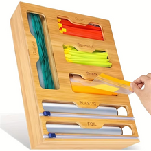 Load image into Gallery viewer, Bamboo Kitchen Wrap and Bag Organizer With Built-In Cutter
