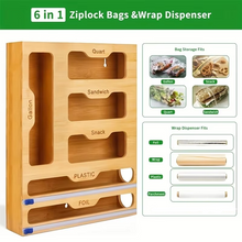 Load image into Gallery viewer, Bamboo Kitchen Wrap and Bag Organizer With Built-In Cutter
