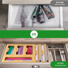 Load image into Gallery viewer, Bamboo Kitchen Wrap and Bag Organizer With Built-In Cutter
