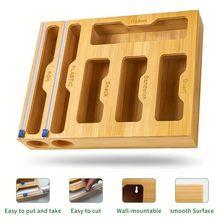 Load image into Gallery viewer, Bamboo Kitchen Wrap and Bag Organizer With Built-In Cutter
