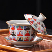 Load image into Gallery viewer, Porcelain Qianfo Pattern Sancai Gaiwan Tea Infuser and Bowl Set
