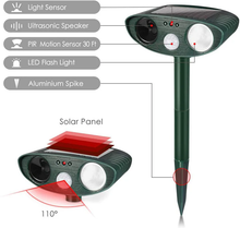Load image into Gallery viewer, Solar Powered Ultrasonic Animal Repeller with Motion Sensor, Flashing LED Light and Ground Stake
